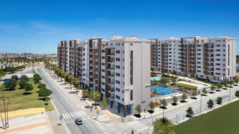 Entrenúcleos Living Exxacon viviendas de obra nueva en Entrenúcleos Sevilla fachada y piscina