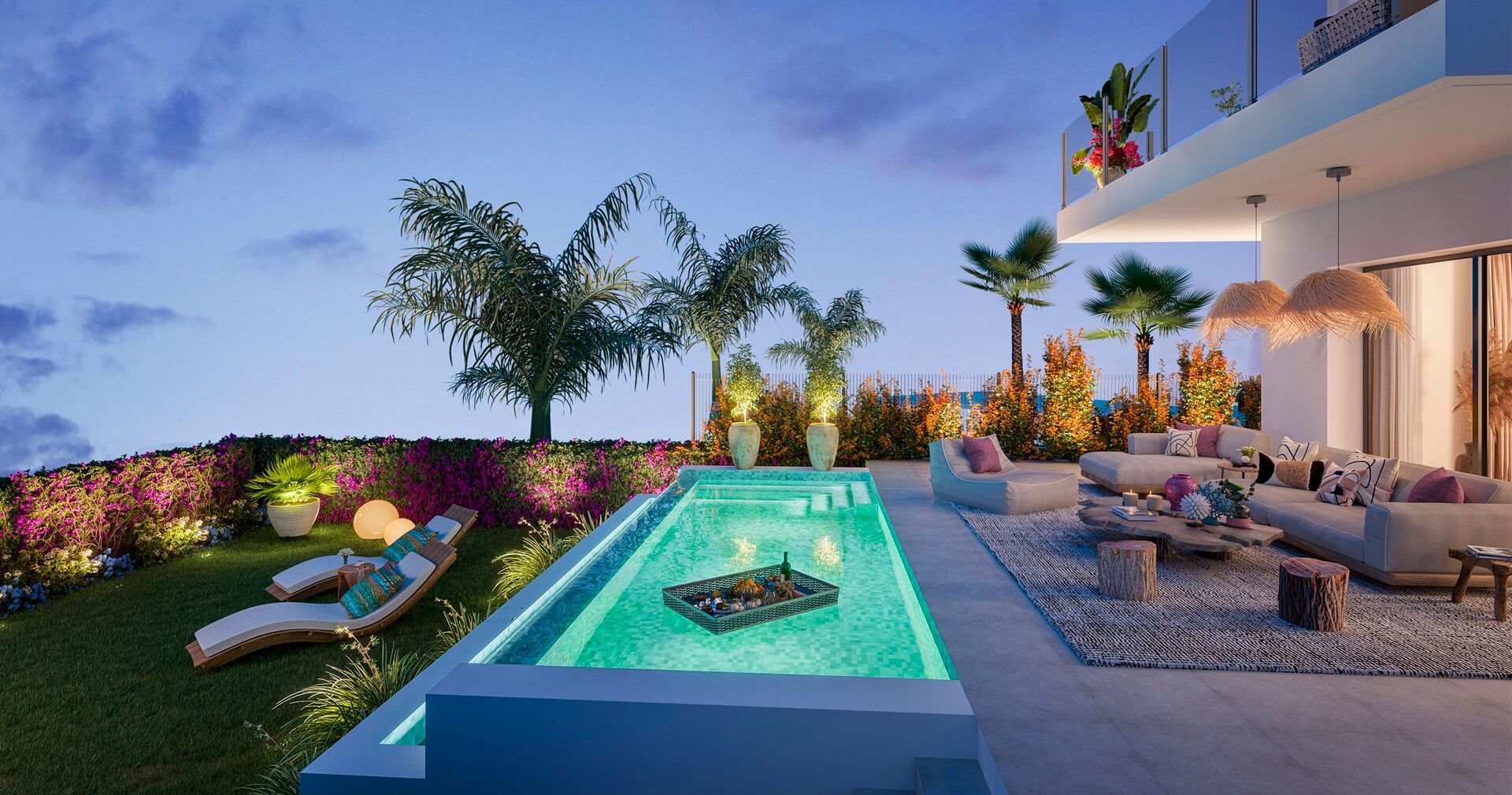 Piscina nocturna Soleia Living Exxacon viviendas de obra nueva en Mijas Costa del Sol